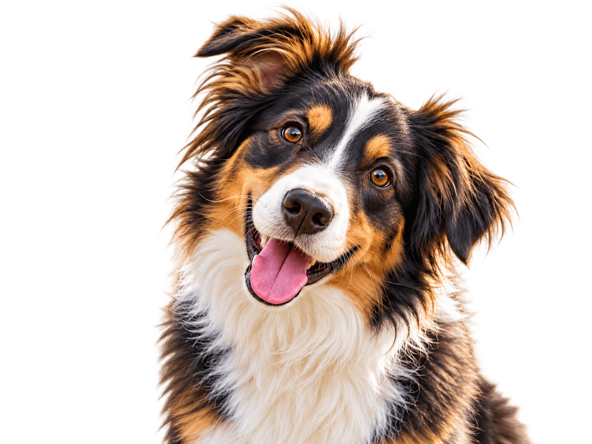 Joyful tricolour dog in sunlit countryside