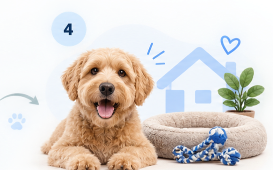 A happy dog relaxing in a home
